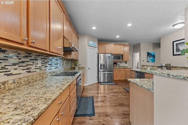 5898 SE Thornapple St, Hillsboro, OR 97123 - kitchen featuring stainless steel appliances, under cabinet range hood, wood finished floors, recessed lighting, and tasteful backsplash