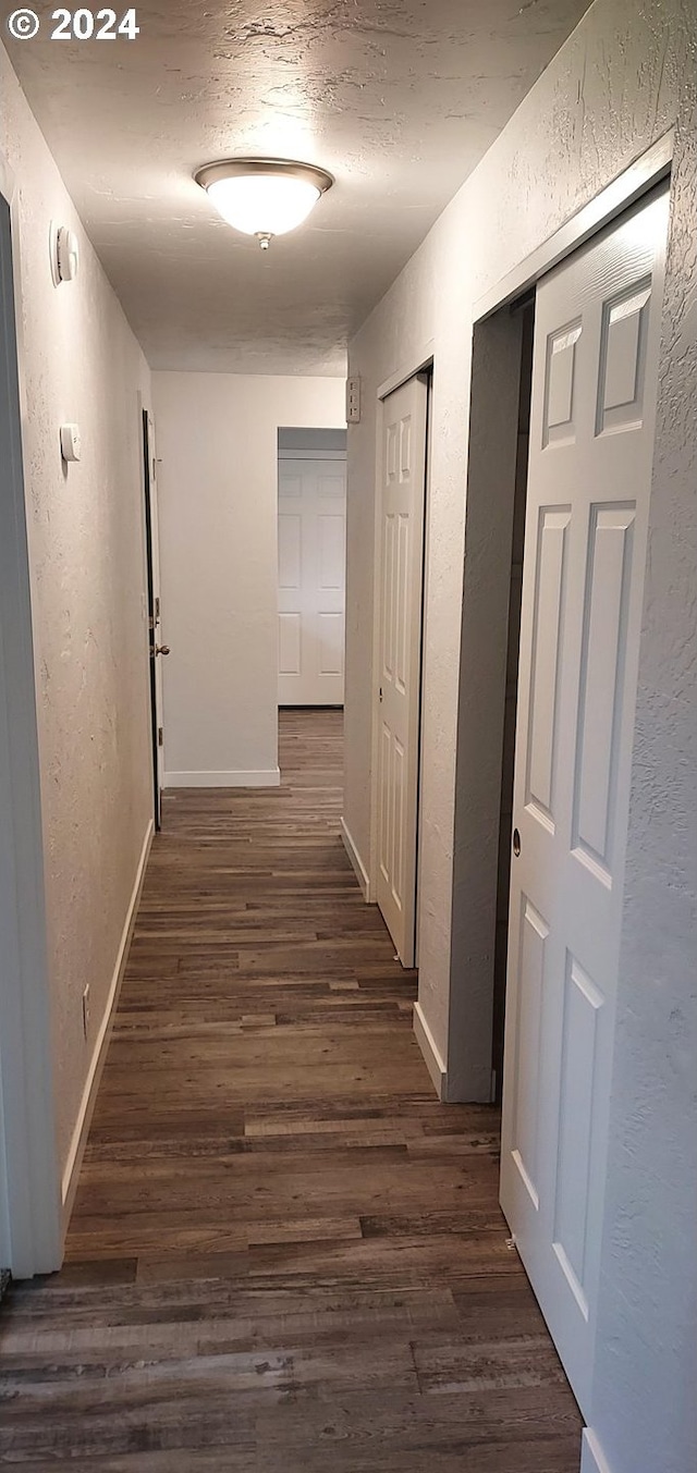 hallway with dark hardwood / wood-style flooring