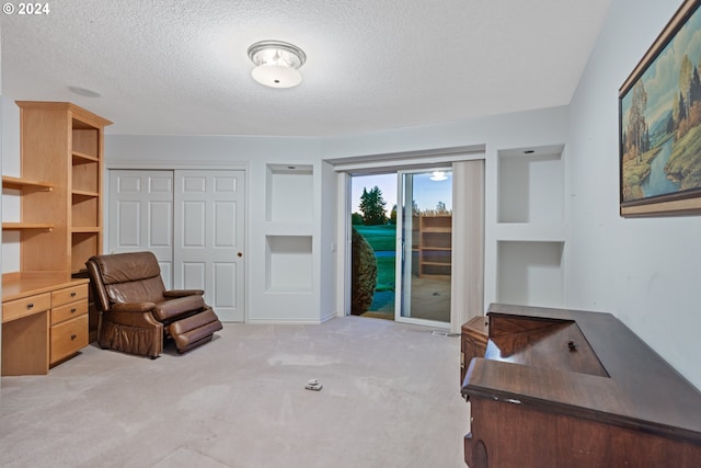 living area featuring a textured ceiling and light carpet