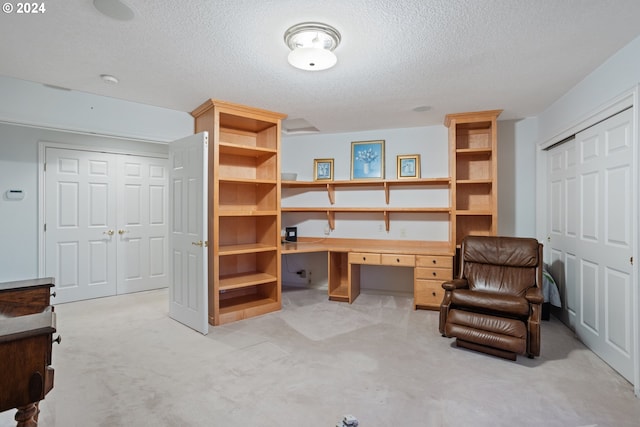 office space featuring light carpet and a textured ceiling