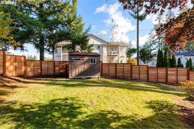 view of yard with a storage shed