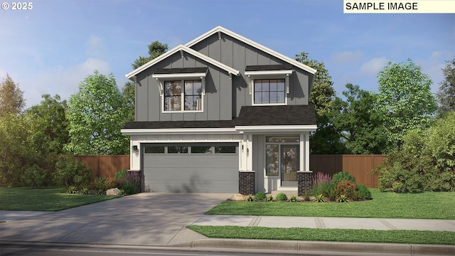 craftsman inspired home with a garage and a front lawn