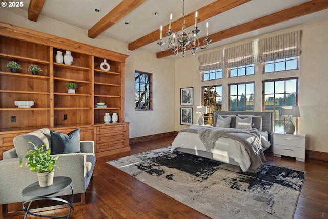 bedroom featuring beamed ceiling, a towering ceiling, dark hardwood / wood-style flooring, and a chandelier