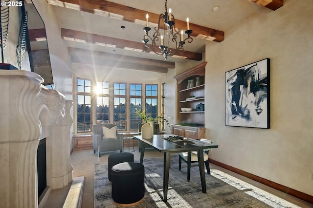 interior space featuring beamed ceiling and a notable chandelier