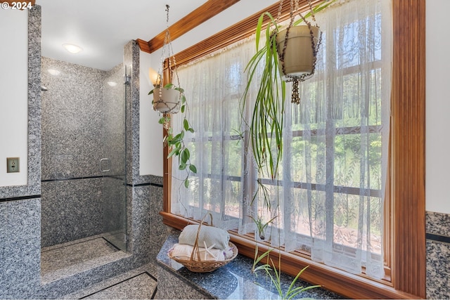 bathroom with crown molding, tile walls, and a healthy amount of sunlight