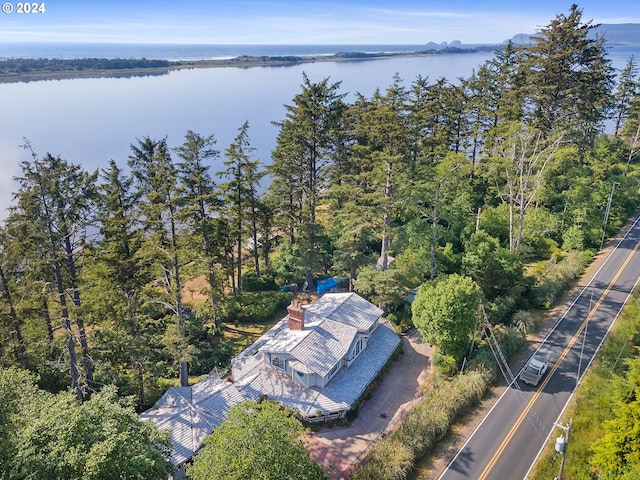 drone / aerial view featuring a water view