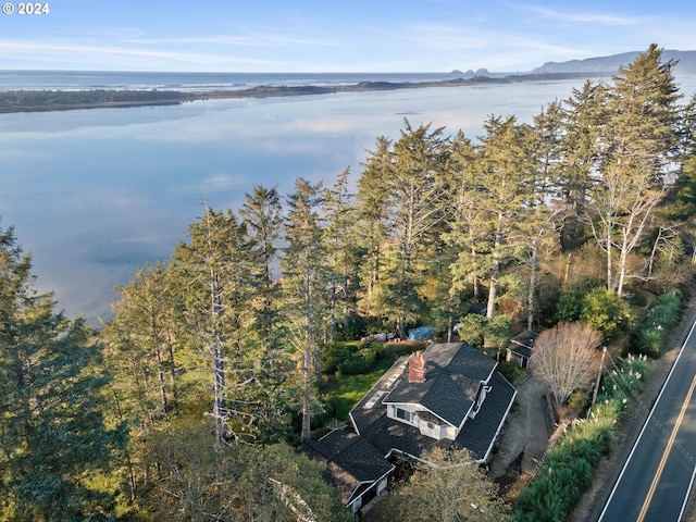 aerial view featuring a water view