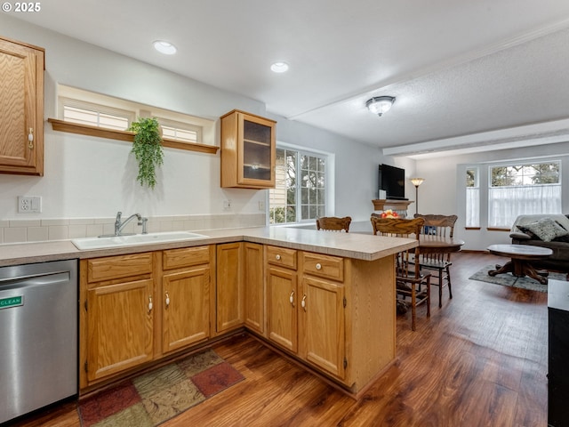 kitchen with light countertops, a peninsula, stainless steel dishwasher, plenty of natural light, and a sink