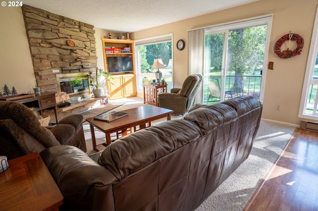 living room featuring a fireplace, a textured ceiling, light hardwood / wood-style floors, and a healthy amount of sunlight