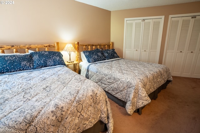 bedroom featuring carpet floors and two closets