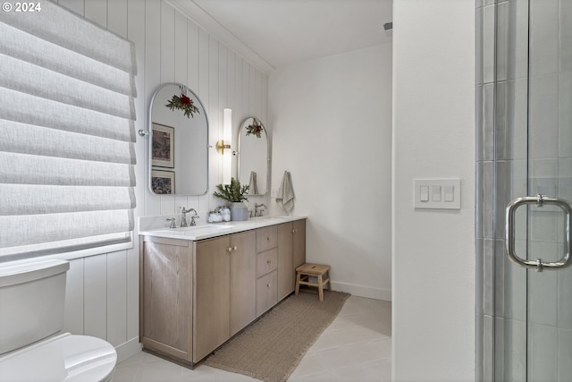 bathroom with tile patterned floors, wood walls, an enclosed shower, toilet, and ornamental molding