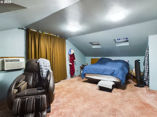 carpeted bedroom featuring cooling unit, a textured ceiling, and vaulted ceiling