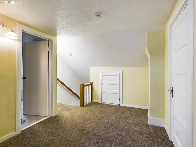 additional living space with carpet, lofted ceiling, and a textured ceiling