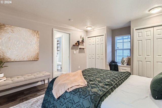 bedroom featuring multiple closets, ensuite bathroom, and dark wood-type flooring