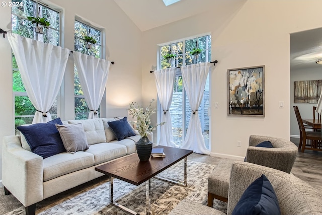 living room featuring hardwood / wood-style floors, high vaulted ceiling, and a skylight