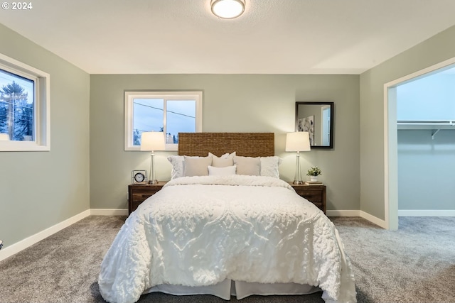 carpeted bedroom featuring a spacious closet and a closet