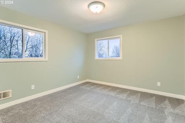 carpeted empty room with a textured ceiling