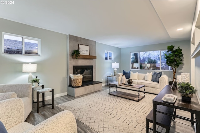 living room featuring a fireplace, a wealth of natural light, and hardwood / wood-style floors