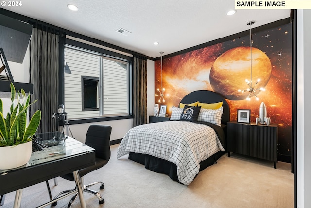 bedroom with a textured ceiling, light colored carpet, and a chandelier