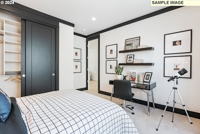 bedroom featuring light carpet and ornamental molding