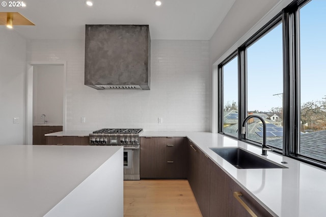 kitchen with dark brown cabinets, stainless steel stove, a healthy amount of sunlight, and sink