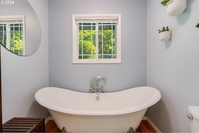 bathroom with hardwood / wood-style flooring and a bath