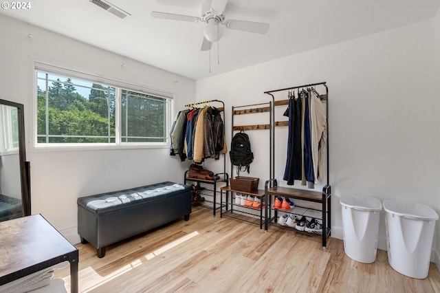 interior space featuring ceiling fan and light hardwood / wood-style flooring