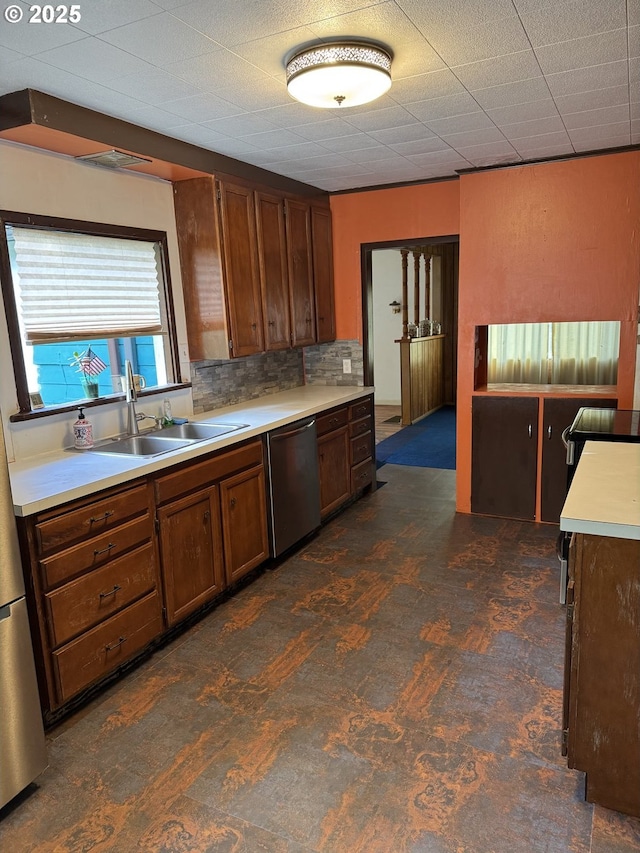 kitchen featuring decorative backsplash, stainless steel dishwasher, and sink