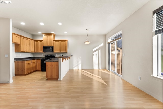 kitchen with light wood-type flooring, hanging light fixtures, a healthy amount of sunlight, and black appliances