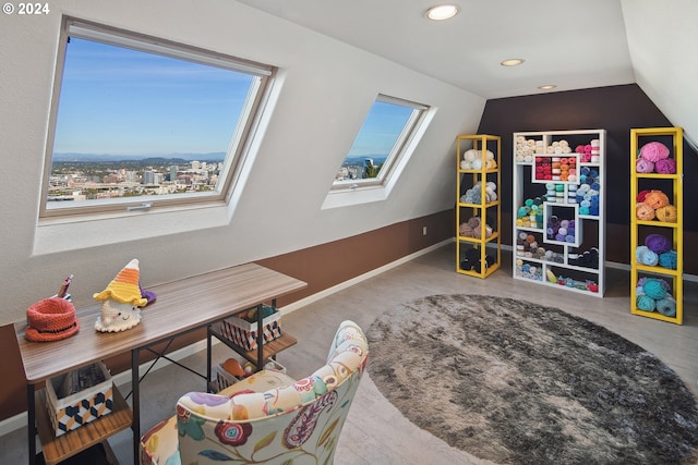 2868 NW Cumberland Rd, Portland, OR 97210 - playroom with recessed lighting, lofted ceiling, and a skylight