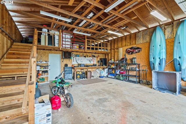 garage with a workshop area