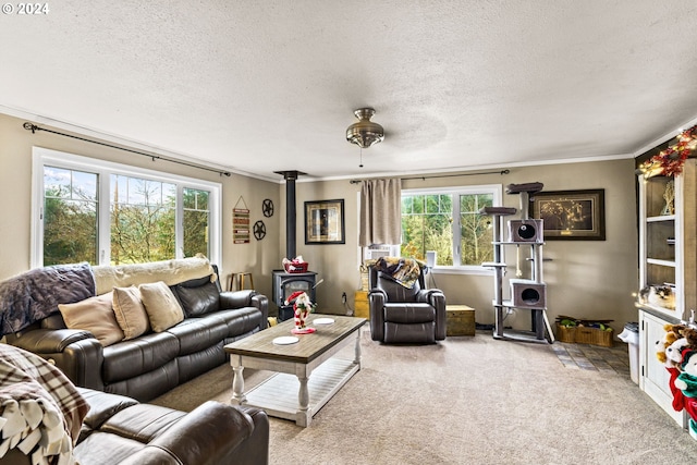 carpeted living room featuring ornamental molding, a textured ceiling, and a wood stove