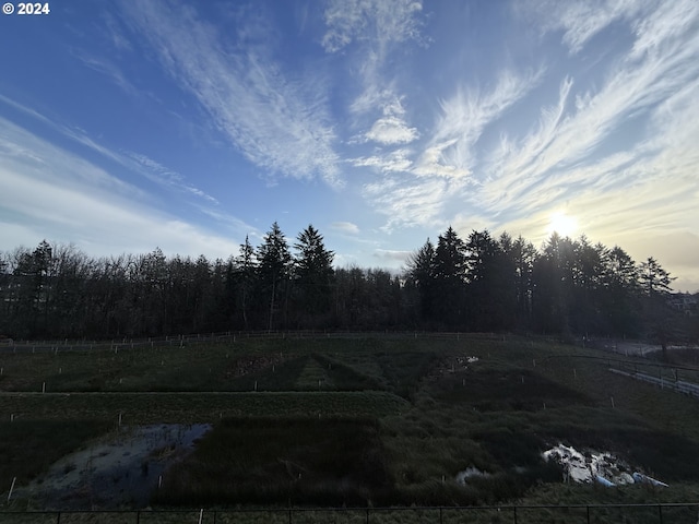 yard at dusk featuring a rural view