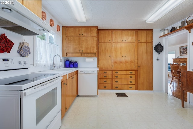 kitchen featuring sink, exhaust hood, and white appliances