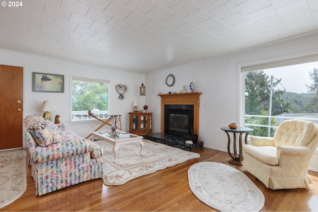 living room featuring a premium fireplace, crown molding, and wood-type flooring