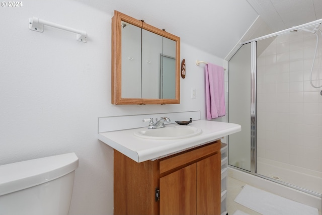 bathroom with vanity, toilet, and a shower with shower door