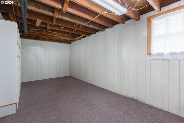 basement with carpet flooring and wood walls