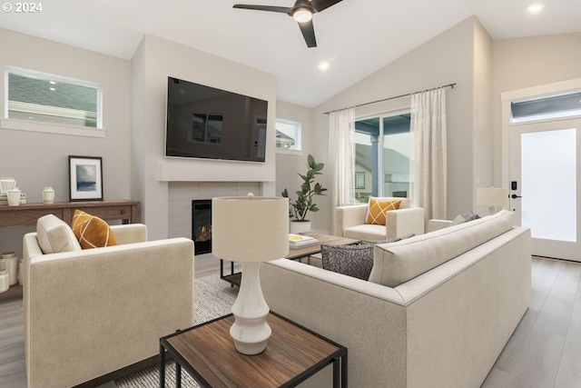 living room with a fireplace, a healthy amount of sunlight, lofted ceiling, and light hardwood / wood-style floors