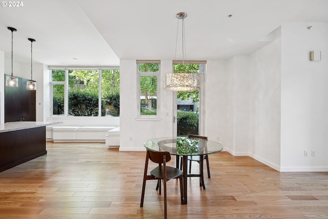 dining area with a notable chandelier, light hardwood / wood-style floors, and a healthy amount of sunlight