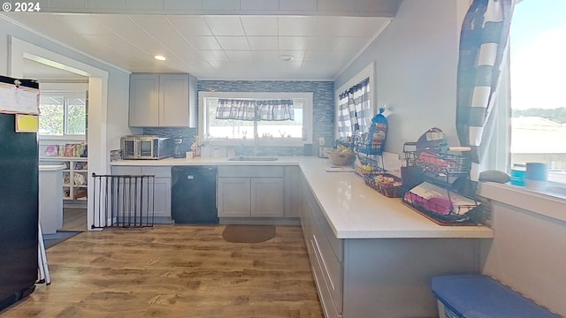 kitchen featuring sink, dishwasher, gray cabinetry, hardwood / wood-style floors, and ornamental molding