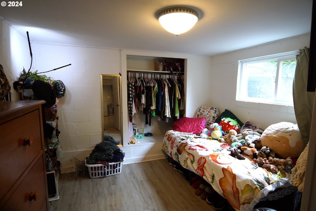 bedroom with wood-type flooring and a closet