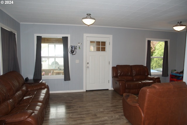 living room with dark hardwood / wood-style flooring and crown molding