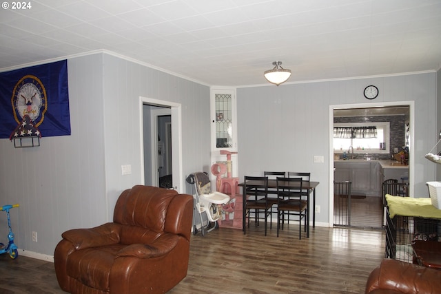 living room with dark wood-type flooring, crown molding, and sink