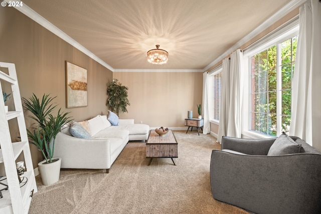 carpeted living room featuring ornamental molding and a chandelier