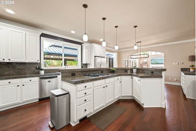 kitchen featuring white cabinets, appliances with stainless steel finishes, hanging light fixtures, and dark hardwood / wood-style flooring