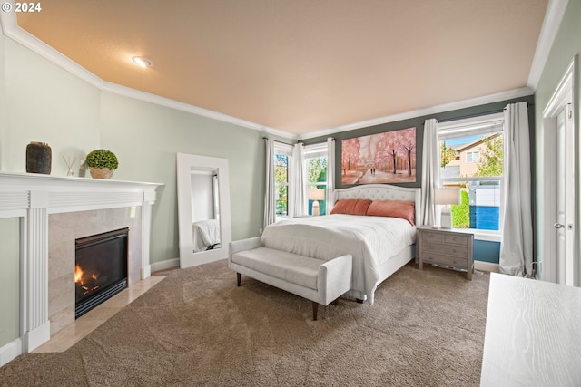 bedroom with ornamental molding, a premium fireplace, multiple windows, and light carpet