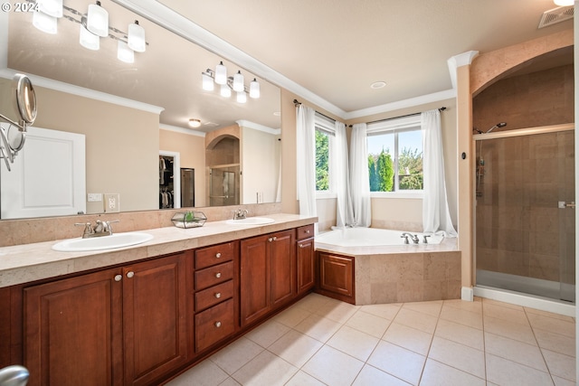 bathroom with vanity, separate shower and tub, crown molding, and tile patterned flooring