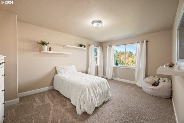 carpeted bedroom with a textured ceiling