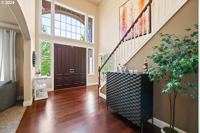 foyer entrance featuring a high ceiling and dark hardwood / wood-style flooring