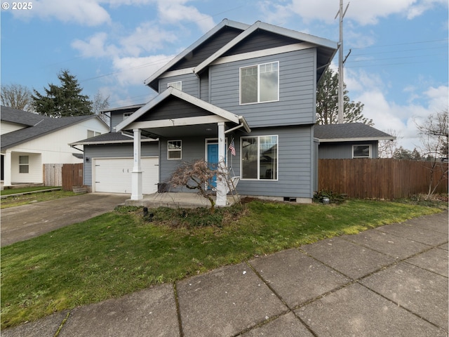 view of front of house with a garage, a front yard, and covered porch